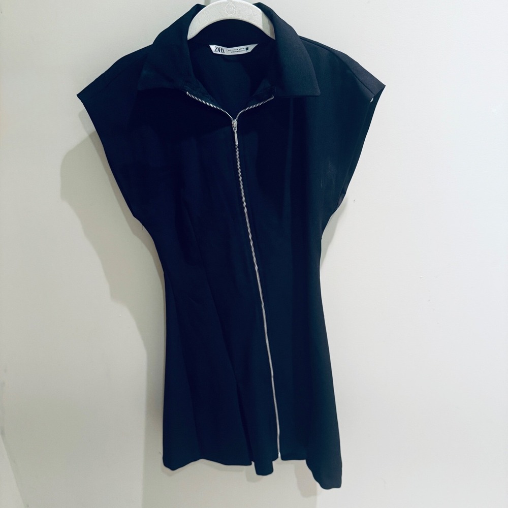 Zara Mini Dress Full Zip Sleeveless Collared Black Dress Size S‎